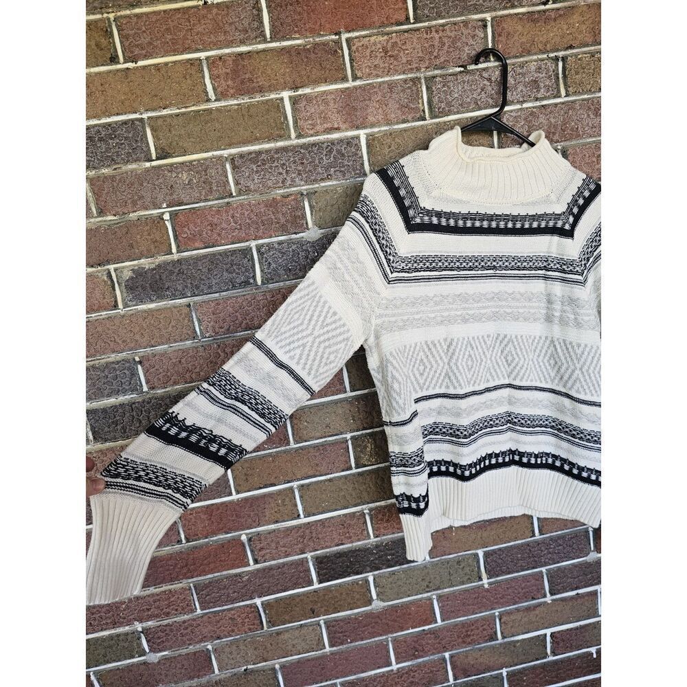 Chaps Ivory & Grey Striped Fair Isle Mock Turtleneck Sweater Pullover Large - Picture 2 of 6